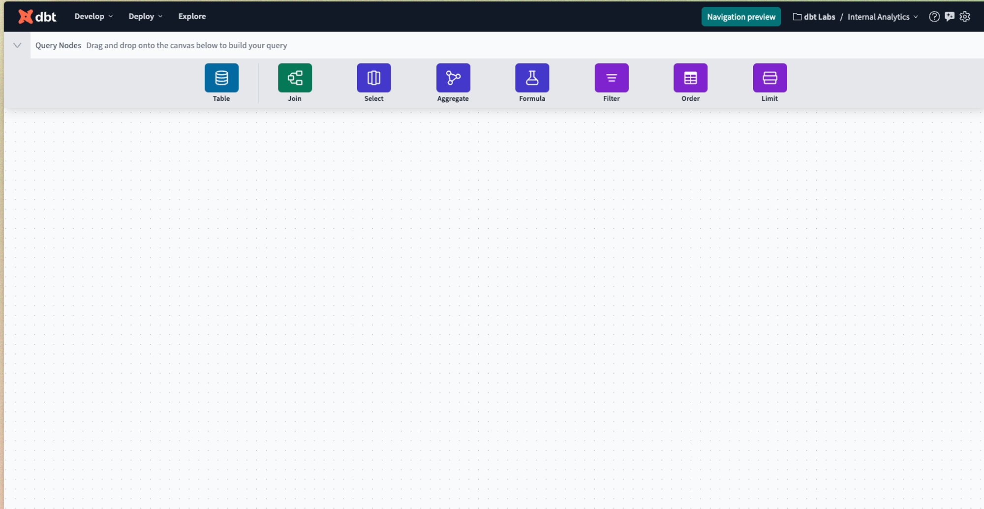 The operator toolbar allows you to select different nodes to configure or perform specific tasks, like adding filters or joining tables.